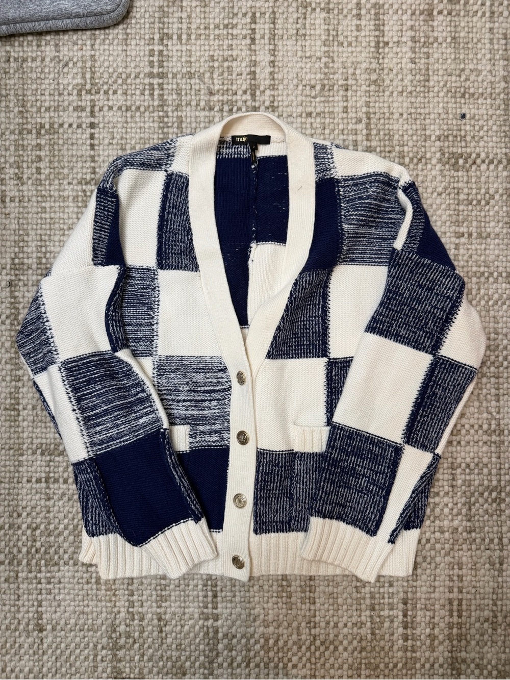Maje Navy & Cream Check Shawl Collar Cardigan
